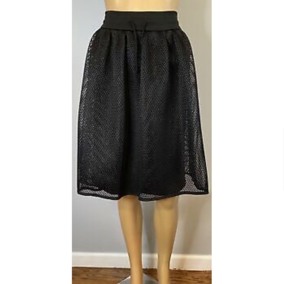 CHRISITAN DIOR black technical mesh flare skirt w/ drawstring waist SZ 40